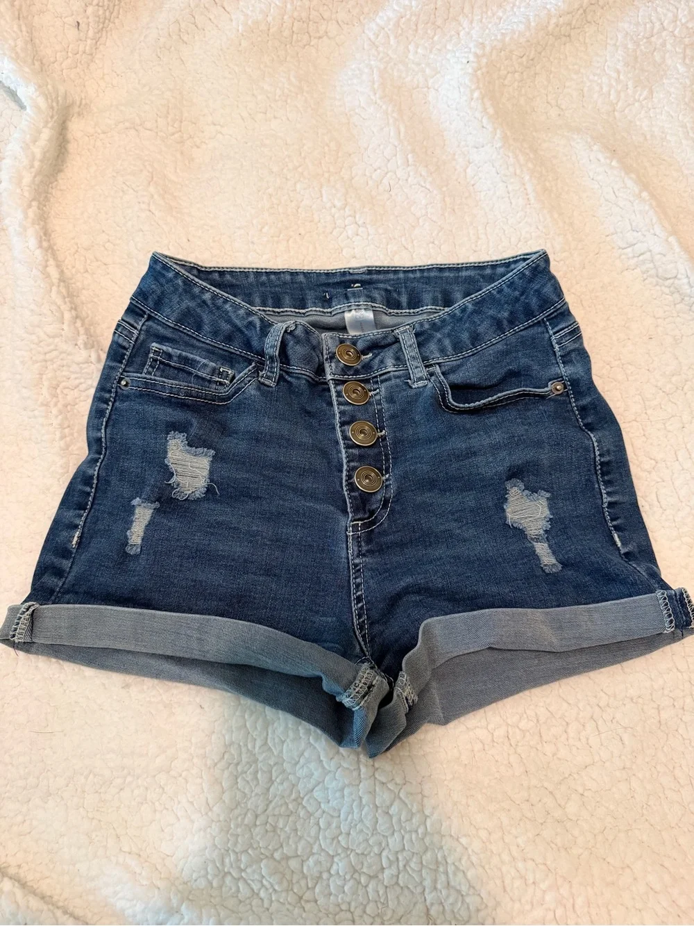 No Boundaries Dark Blue High-Rise Distressed Button-Fly Jean Shorts